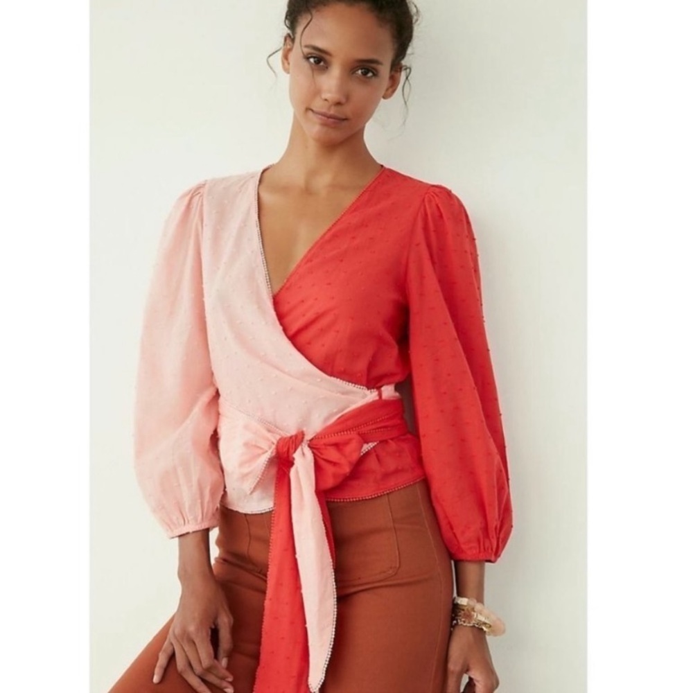 FARM RIO Colorblock Swiss Dot Long Sleeve Wrap Red Pink Top size Small